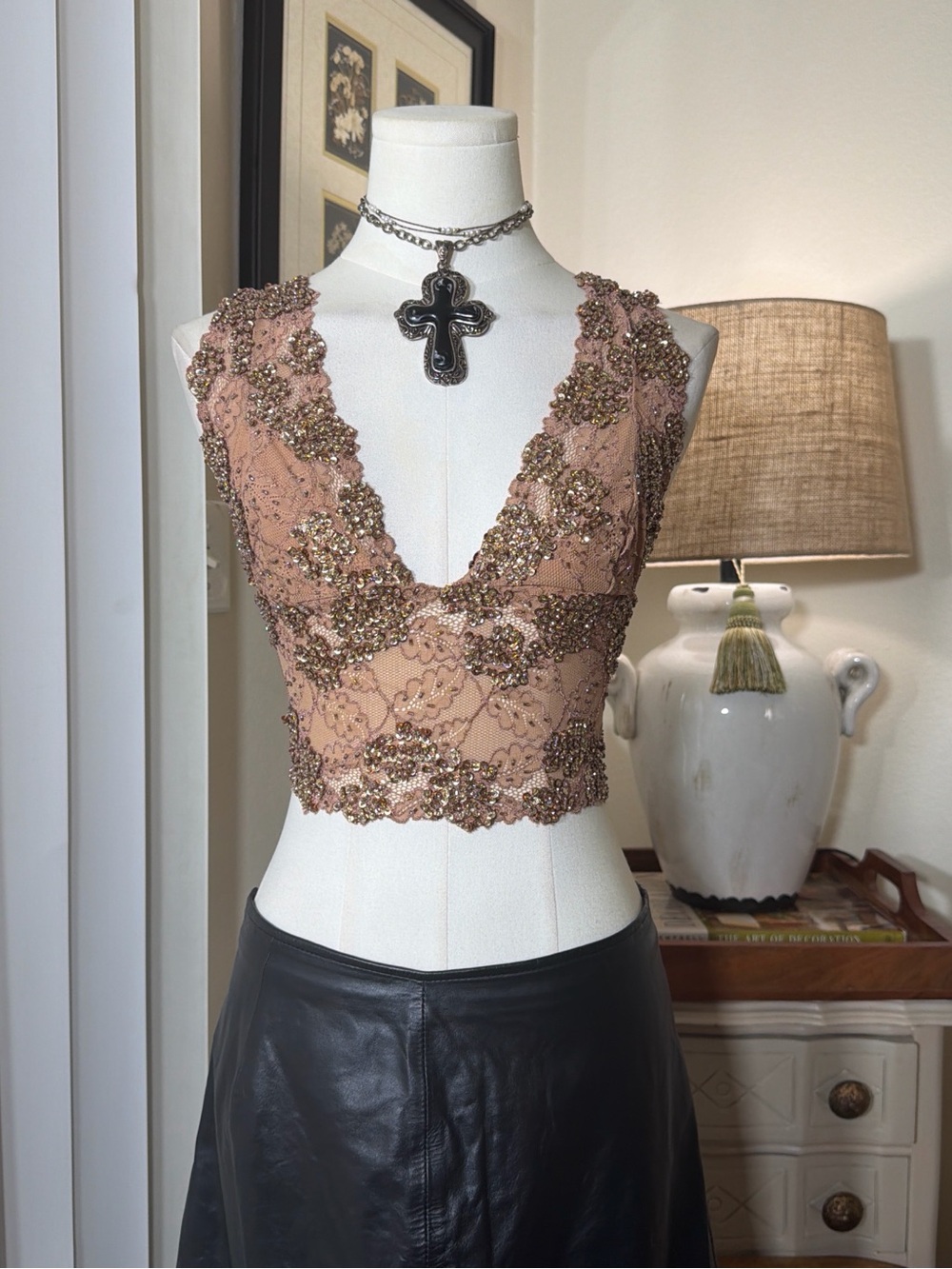 Marciano by Guess Beaded Sequin Embellished Lace Crop Top